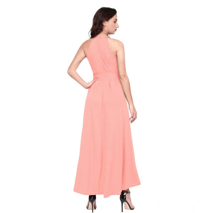 Rosolly Women's Polyster Solid Halter Neck Sleeveless Dress (Peach)