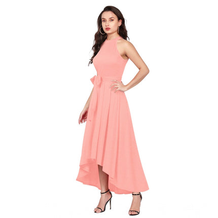 Rosolly Women's Polyster Solid Halter Neck Sleeveless Dress (Peach)