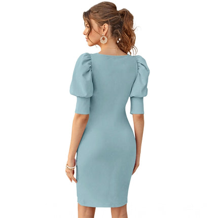 Rosolly Women's Knitting stretchable Solid Square Neck 3-4 Puff Sleeve Dress (Pista)