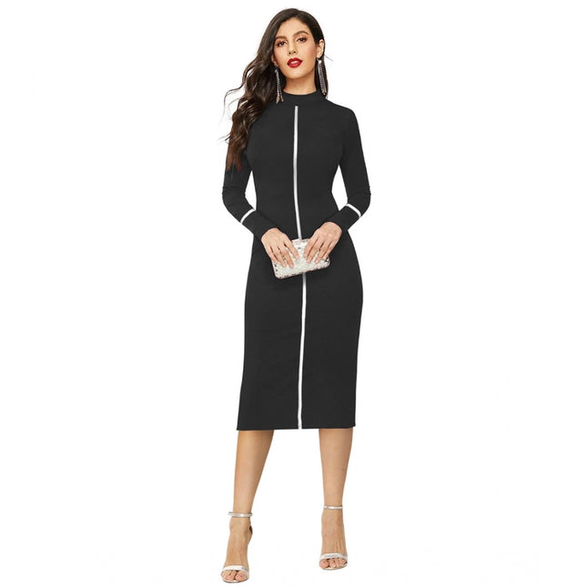 Rosolly Women's Knitting stretchable Solid Round Neck Full Sleeve Dress (Black)