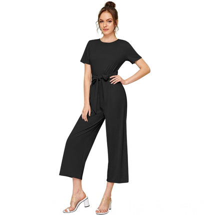 Rosolly Women's Knitting stretchable Solid Round Neck Cap Sleeve Jumpsuit (Black)
