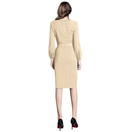 Rosolly Women's Knitting stretchable Solid Round Neck Full Sleeve Dress (Beige )