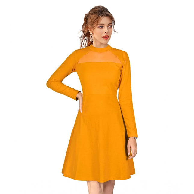 Rosolly Women's Knitting stretchable Solid Round Neck Full Sleeve Dress (Yellow)
