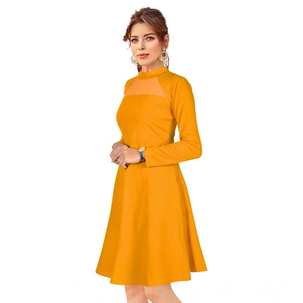 Rosolly Women's Knitting stretchable Solid Round Neck Full Sleeve Dress (Yellow)