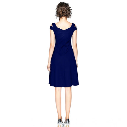 Rosolly Women's Polyester Solid V Neck Cap Sleeve off Shoulder Dress (Blue)