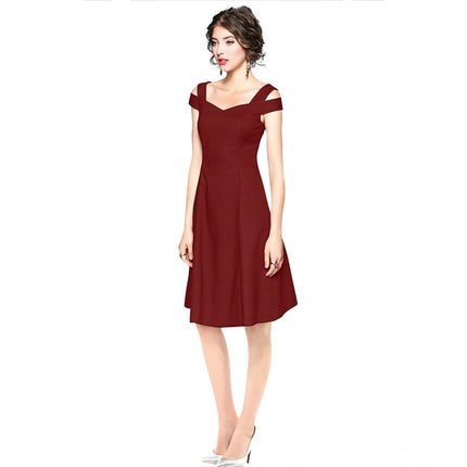 Rosolly Women's Polyester Solid V Neck Cap Sleeve off Shoulder Dress (Maroon)