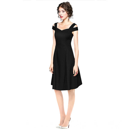 Rosolly Women's Polyester Solid V Neck Cap Sleeve off Shoulder Dress (Black)