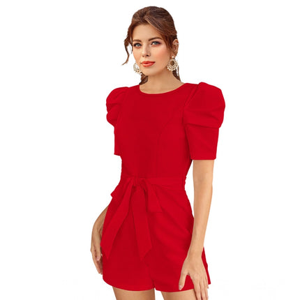 Rosolly Women's Knitting stretchable Solid Round Neck 3-4 Puff Sleeve Dress (Red )