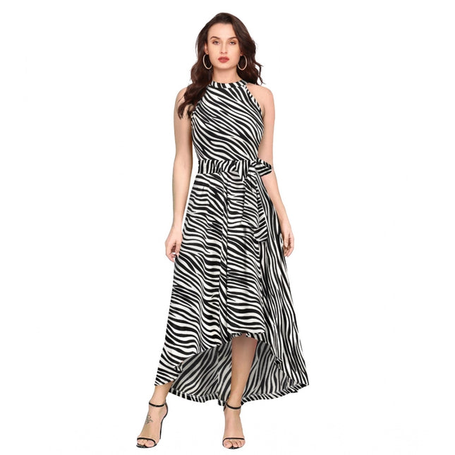 Rosolly Women's Polyester Zebra Pattern Halter Neck Sleeveless Dress (White)