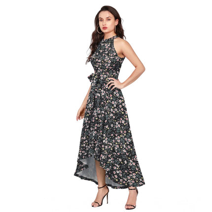 Rosolly Women's Polyester Printed Halter Neck Sleeveless Dress (Black)