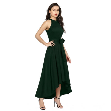 Rosolly Women's Polyster Solid Halter Neck Sleeveless Dress (Green)