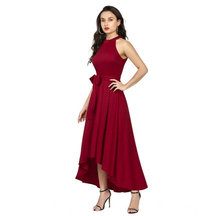 Rosolly Women's Polyster Solid Halter Neck Sleeveless Dress (Maroon)