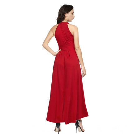 Rosolly Women's Polyster Solid Halter Neck Sleeveless Dress (Red)