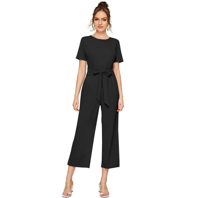 Rosolly Women's Knitting stretchable Solid Round Neck Cap Sleeve Jumpsuit (Black)