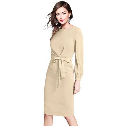 Rosolly Women's Knitting stretchable Solid Round Neck Full Sleeve Dress (Beige )