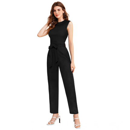 Rosolly Women's Knitting stretchable Solid Round Neck Sleeveless Jumpsuit (Black)
