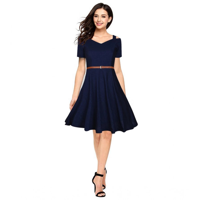 Rosolly Women's Polyester Solid V Neck Cap Sleeve Dress (Blue)