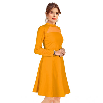 Rosolly Women's Knitting stretchable Solid Round Neck Full Sleeve Dress (Yellow)