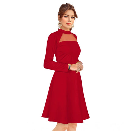Rosolly Women's Knitting stretchable Solid Round Neck Full Sleeve Dress (Red)