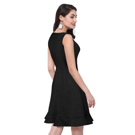 Rosolly Women's Polyester Solid Round Neck Sleeveless Dress (Black)