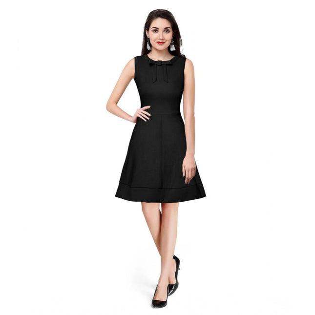 Rosolly Women's Polyester Solid Round Neck Sleeveless Dress (Black)