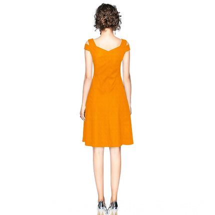 Rosolly Women's Polyester Solid V Neck Cap Sleeve off Shoulder Dress (Yellow)