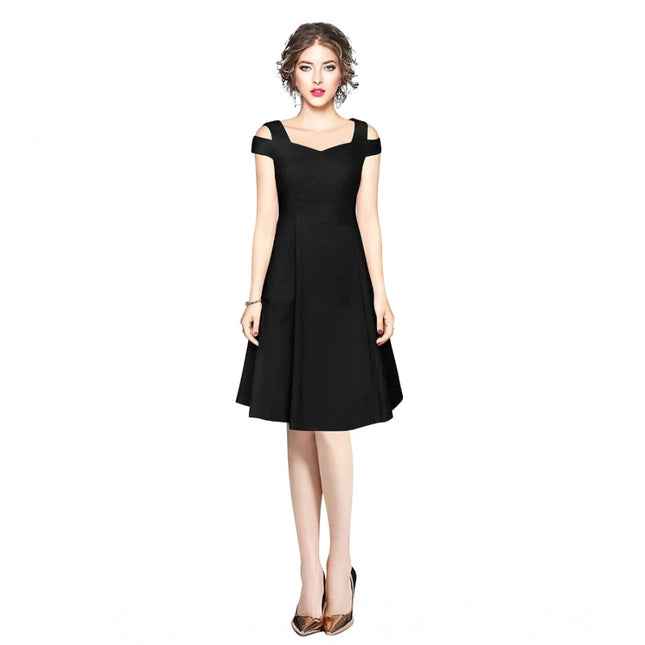 Rosolly Women's Polyester Solid V Neck Cap Sleeve off Shoulder Dress (Black)
