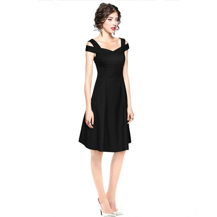 Rosolly Women's Polyester Solid V Neck Cap Sleeve off Shoulder Dress (Black)