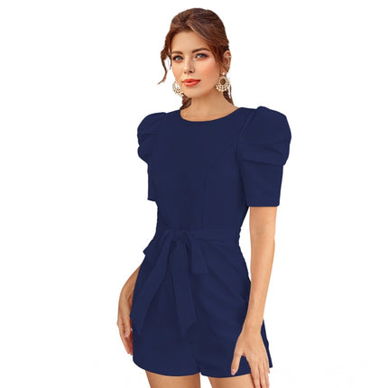 Rosolly Women's Knitting stretchable Solid Round Neck 3-4 Puff Sleeve Dress (Blue)