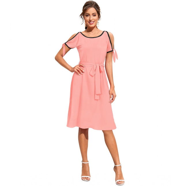 Rosolly Women's Knitting stretchable Solid Round Neck Sleeveless Dress (Peach)