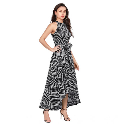 Rosolly Women's Polyester Zebra Pattern Halter Neck Sleeveless Dress (Navy Blue)