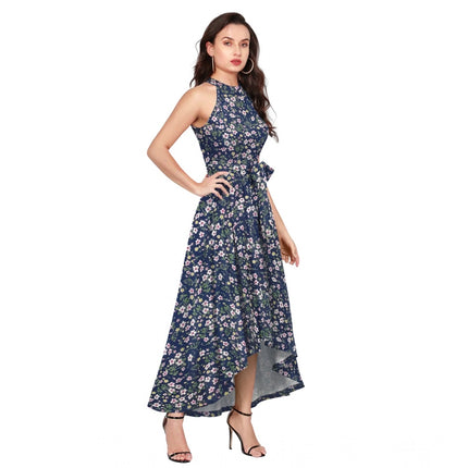 Rosolly Women's Polyester Printed Halter Neck Sleeveless Dress (Blue)