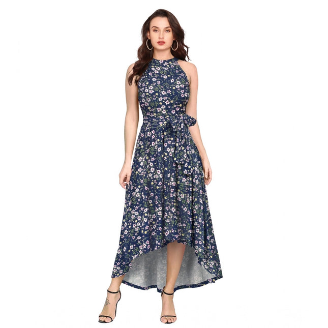 Rosolly Women's Polyester Printed Halter Neck Sleeveless Dress (Blue)