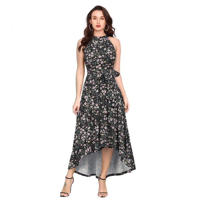 Rosolly Women's Polyester Printed Halter Neck Sleeveless Dress (Black)
