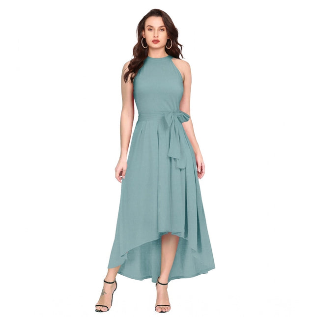 Rosolly Women's Polyester Solid Halter Neck Sleeveless Dress (Pista)