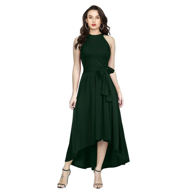 Rosolly Women's Polyster Solid Halter Neck Sleeveless Dress (Green)