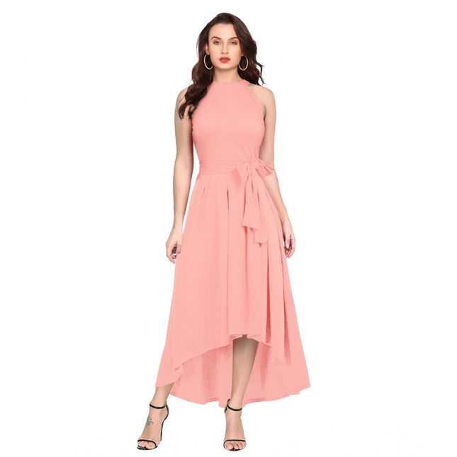 Rosolly Women's Polyster Solid Halter Neck Sleeveless Dress (Peach)