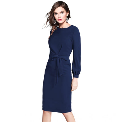 Rosolly Women's Knitting stretchable Solid Round Neck Full Sleeve Dress (Blue)