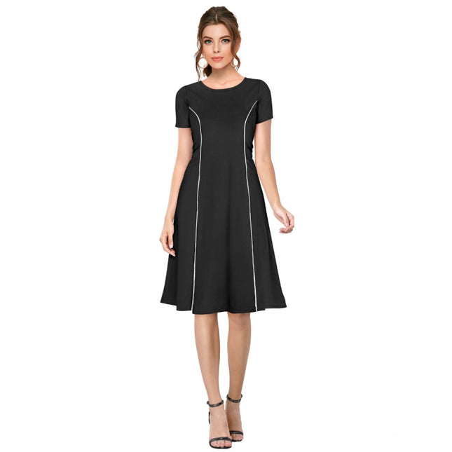 Rosolly Women's Knitting stretchable Solid Round Neck Cap Sleeve Dress (Black)