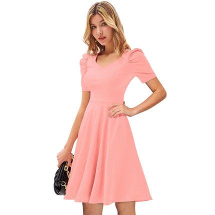 Rosolly Women's Knitting stretchable Solid V Neck Cap Sleeve Dress (Peach)