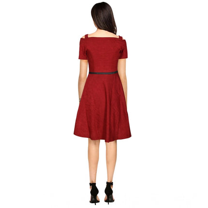 Rosolly Women's Polyester Solid V Neck Cap Sleeve Dress (Maroon)