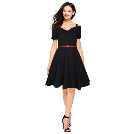 Rosolly Women's Polyester Solid V Neck Cap Sleeve Dress (Black)