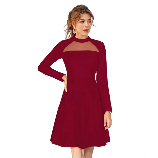 Rosolly Women's Knitting stretchable Solid Round Neck Full Sleeve Dress (Maroon)