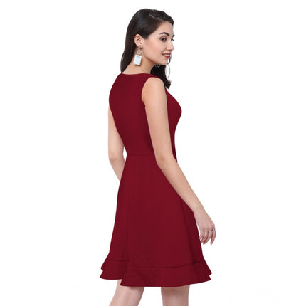 Rosolly Women's Polyester Solid Round Neck Sleeveless Dress (Maroon)