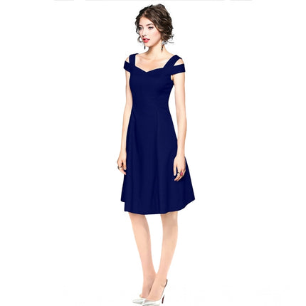 Rosolly Women's Polyester Solid V Neck Cap Sleeve off Shoulder Dress (Blue)