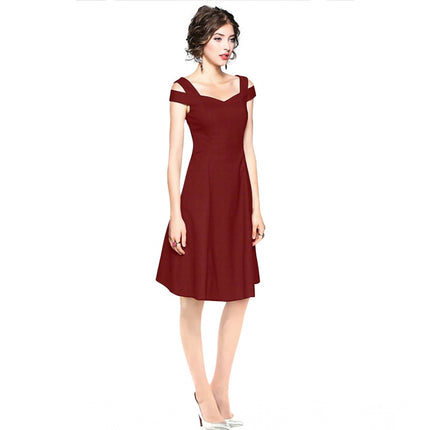 Rosolly Women's Polyester Solid V Neck Cap Sleeve off Shoulder Dress (Maroon)