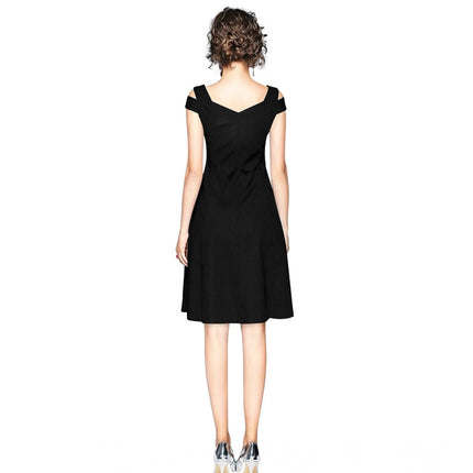 Rosolly Women's Polyester Solid V Neck Cap Sleeve off Shoulder Dress (Black)