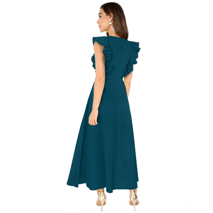 Rosolly Women's Knitting stretchable Solid Round Neck Ruffled Sleeve Dress (Morpich)