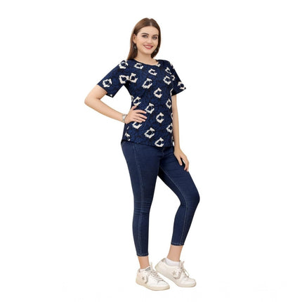 Rosolly Women's Casual Rayon Short Sleeve Printed Round Neck Top (Blue)