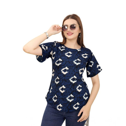 Rosolly Women's Casual Rayon Short Sleeve Printed Round Neck Top (Blue)